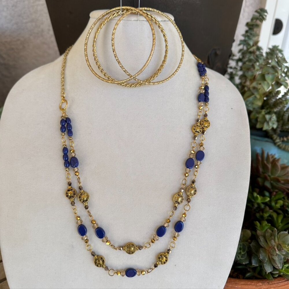 NEW - Hand Crafted - Necklace & Bracelet Set - Royal Blue & Gold Tones